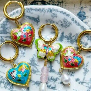 Vintage Ethnic Red Enamel 18K Gold Stainless Steel Gold Heart Earrings